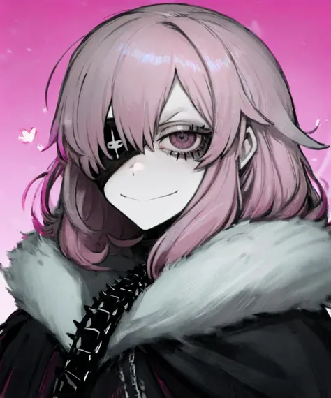 a close up of a person with a pink hair and a black cape