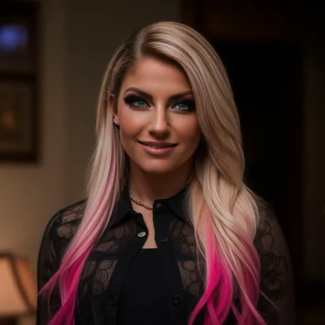 a close up of a woman with pink hair and a black shirt