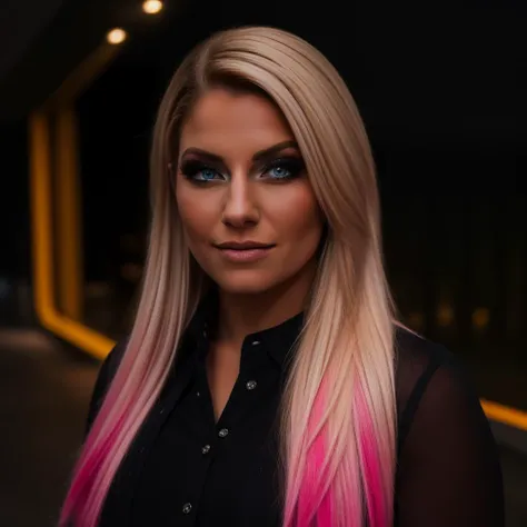 blonde woman with pink hair and black shirt in a tunnel