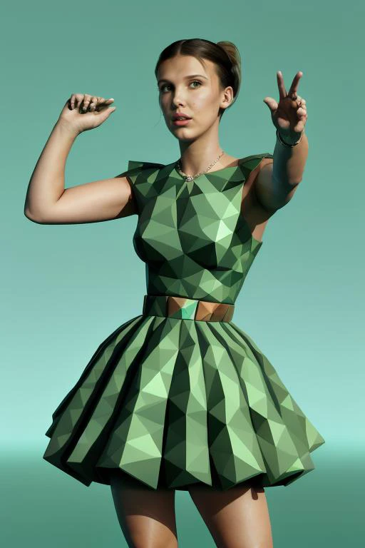 m1ll13bb, full body ,green dress, polygons,  <lora:m1ll13bb:0.8>  <lora:ral-polygon-sd15:0.5>