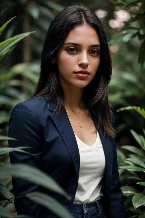 photo of beautiful (All1s0nSt0kk3-140:0.99), a woman, perfect hair, (modern photo), wearing a (business suit:1.2) and jeans with jewelry, portrait, 85mm, (analog, cinematic, film grain:1.3), (Bioluminescent Jungle, Dense jungle of glowing plants and creatu...