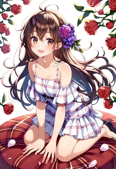 anime girl sitting on a cushion with flowers in her hair