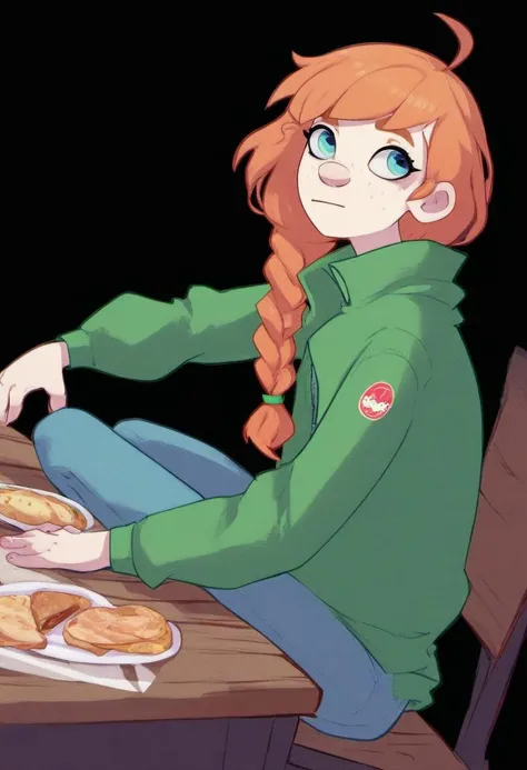 source_cartoon, rating_safe,  <lora:YellowgerbilSDXL_pony:0.8> yellowgerbil, 1girl, solo, <lora:Molly_MacCormack:0.8>, green jacket, ahoge, bangs, braid, orange hair, blue eyes, sitting at a picnic table on a sunny day, score_9, score_8_up, score_7_up, sco...