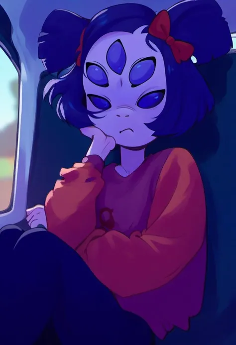 source_cartoon, rating_safe,  <lora:YellowgerbilSDXL_pony:0.8> yellowgerbil, 1girl, solo, Muffet from Undertale, riding on a bus full of passengers looking bored, score_9, score_8_up, score_7_up, score_6_up, score_5_up, score_4_up