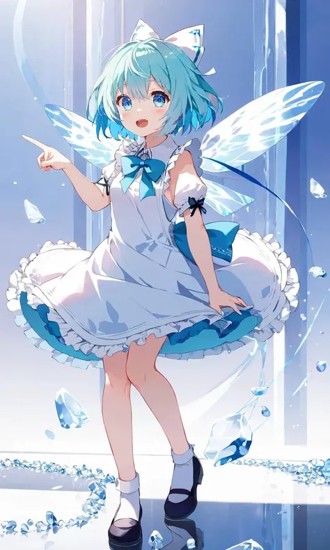 1girl, solo, masterpiece,,detailed_background,indoors,wings,white_shirt,hair_bow,shirt,short_hair,puffy_sleeves,sleeveless_dress,hands_up,pointing,puffy_short_sleeves,ice_wings,feet_out_of_frame,short_dress,collared_shirt,absurdres,solo,sleeveless,1girl,bo...