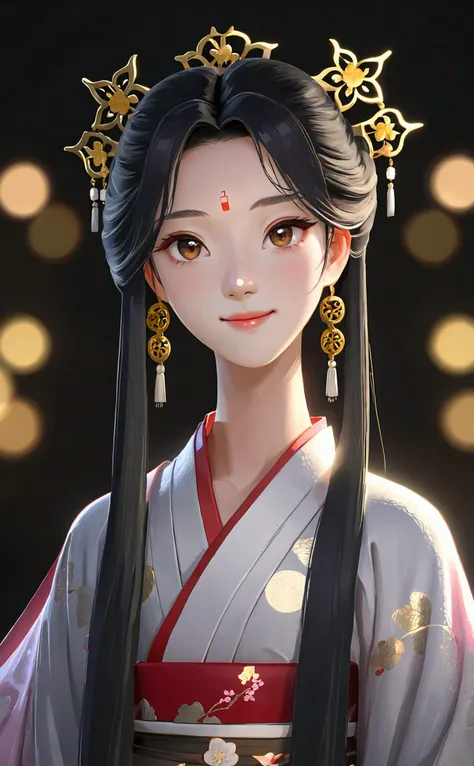 best quality,masterpiece,highres,1girl,looking at viewer,blush,(seductive smile:0.8),star-shaped pupils,china hanfu,hair ornament,necklace,jewelry,Beautiful face,upon_body,tyndall effect,photorealistic,dark studio,rim lighting,two tone lighting,(high detai...