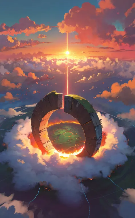 ddstyle Aerial view of stratocumulus forming a circular portal in the horizon by Ismail Inceoglu and Studio Ghibli,portal to a world in fire,8 k,anime art style,cover art,dramatic scene Octane Render made by Studio Ghibli,great detail of depth,exceptional ...