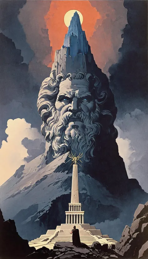 a close up of a painting of a statue with a mountain in the background