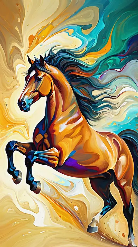 abstract expressionist painting of an award-winning photo of an (horse), hyperrealistic, energetic brushwork, bold colors, abstract forms, expressive, emotional, sharp focus, fractal, colorful, sharp focus, depth of field, best quality, 16k resolution, Raw...