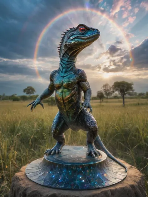 ((A clear, transparent glass)) statue of a (((Chitauli (Zulu) â Human-lizard hybrid))). With a rainbow nebula background . Epic dynamic lighting . 
=
shiny metal, reflective, psychedelic,
=
((Vivid, HDR, Canon50, 8K,  Hyper Realistic, Dramatic, Epic, Dyn...