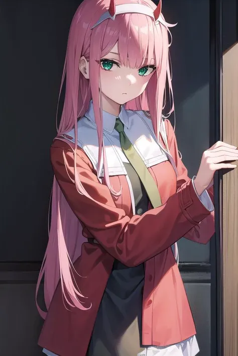 zerotwo, <lyco:zerotwo-lyco-nochekaiser:1>,
zero two, (green eyes:1.5), hairband, horns, long hair, pink hair, red horns, white hairband,
BREAK jacket, leggings, red jacket, white footwear,
BREAK indoors, classroom,
BREAK looking at viewer, (cowboy shot:1....