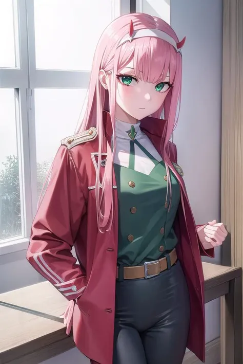 zerotwo, <lyco:zerotwo-lyco-nochekaiser:1>,
zero two, (green eyes:1.5), hairband, horns, long hair, pink hair, red horns, white hairband,
BREAK jacket, leggings, red jacket, white footwear,
BREAK indoors, classroom,
BREAK looking at viewer, (cowboy shot:1....