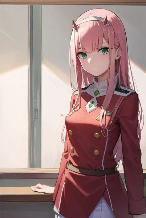 zerotwo, <lyco:zerotwo-lyco-nochekaiser:1>,
zero two, (green eyes:1.5), hairband, horns, long hair, pink hair, red horns, white hairband,
BREAK jacket, leggings, red jacket, white footwear,
BREAK indoors, classroom,
BREAK looking at viewer, (cowboy shot:1....