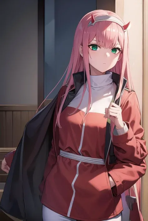 zerotwo, <lyco:zerotwo-lyco-nochekaiser:1>,
zero two, (green eyes:1.5), hairband, horns, long hair, pink hair, red horns, white hairband,
BREAK jacket, leggings, red jacket, white footwear,
BREAK indoors, classroom,
BREAK looking at viewer, (cowboy shot:1....