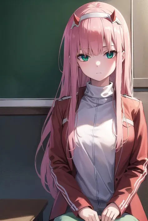 zerotwo, <lyco:zerotwo-lyco-nochekaiser:1>,
zero two, (green eyes:1.5), hairband, horns, long hair, pink hair, red horns, white hairband,
BREAK jacket, leggings, red jacket, white footwear,
BREAK indoors, classroom,
BREAK looking at viewer, (cowboy shot:1....