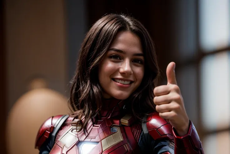 marvel movies,photo of a 18 year old girl,ironman,arm stretching,thumbs up,happy,laughing,ray tracing,detail shadow,shot on fuji...