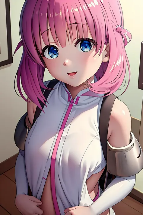 anime girl with pink hair and blue eyes posing for a picture