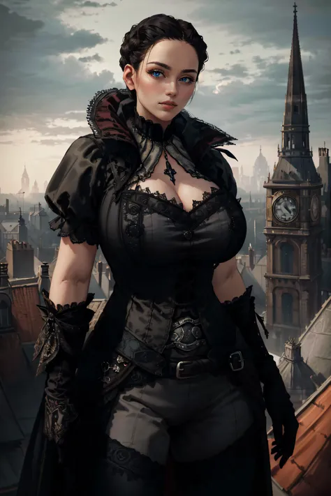 (masterpiece, best quality, ultra detailed, absurdres)1.5, 1girl, (sexy, beautiful woman, perfect face, perfect eyes, perfect female body, huge breasts)1.5, (evieassa, gothic attire, gloves, short hair, black hair, <lora:EvieAssa:0.7>), (standing, on a roo...