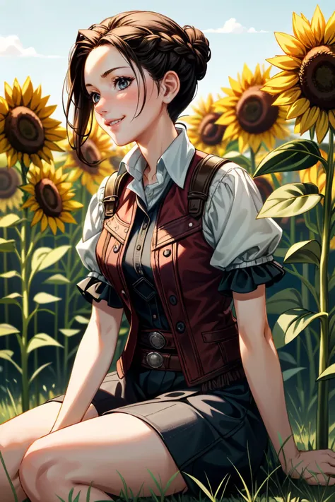 a woman sitting in a field of sunflowers with a backpack