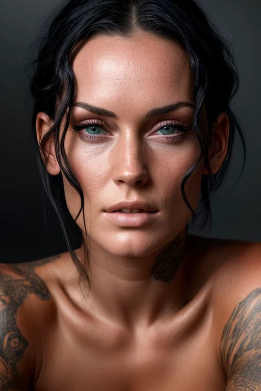 (CR-KaylaLauren-Supremo:0.9), full color photography of woman, (nude:1.0), (oiled shiny skin:1.0), face close up,
masterpiece, best quality, sharp focus, highres 8k uhd, ultra-detailed, rim light, deep grey background,