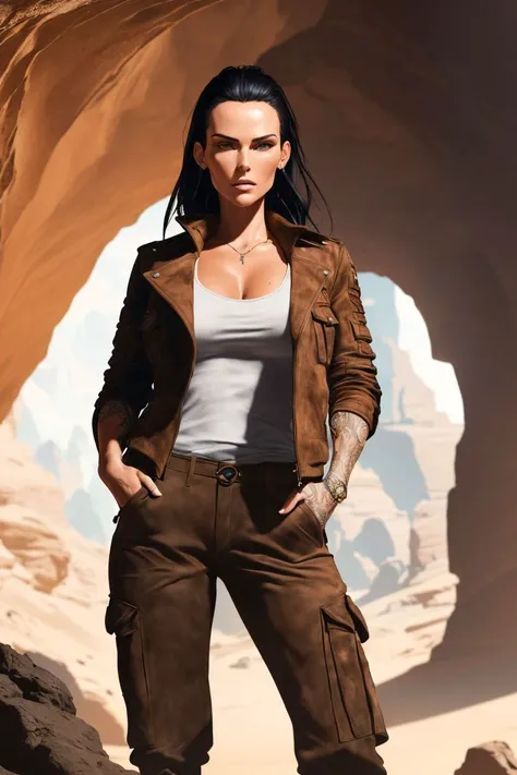 photo of S086_KaylaLauren, a stylish woman, as an (adventurer:1.2), wearing an (suede-jacket:1.1) and (cargo-trousers:1.1), in an (cave:1.1), heavy-makeup, (8k, RAW photo, best quality, DOF, ultra high res:1.2), (absurdres, intricate, photorealistic, maste...