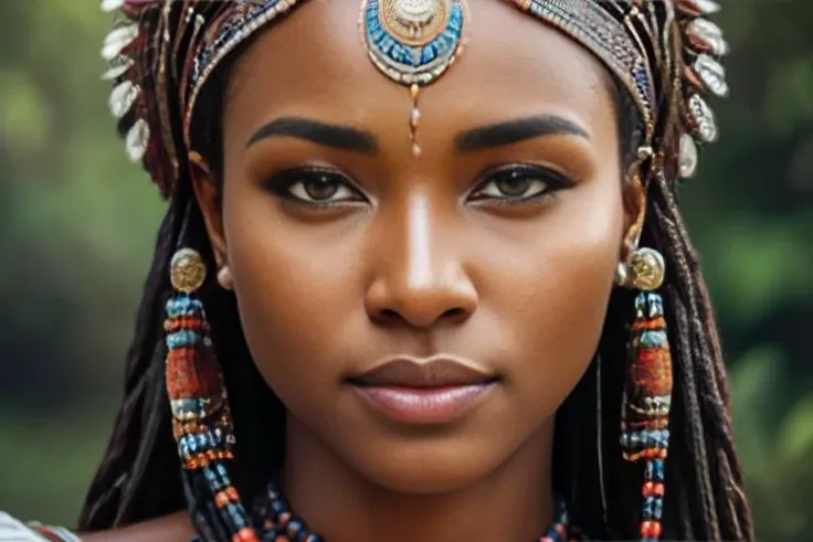 a close up of a woman with a headdress and jewelry