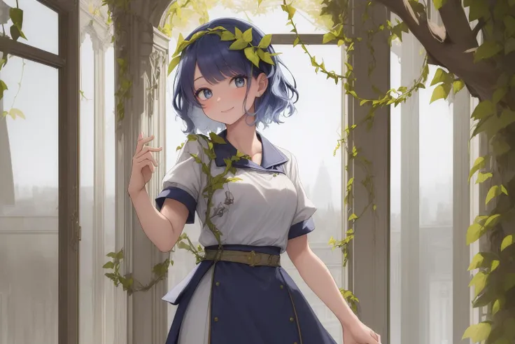 (best quality, highres, masterpiece:1.2), (modern age france, french:1), (1girl, woman, kind_smile:1.1), (resilient druid, wearing leaves and vines:1), (eye_focus:1), (two-tone_hair, short_hair, wavy_hair:1), (buff body:1), (under majestic infirmary:1.1),