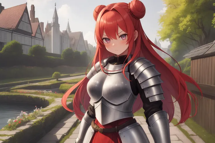 (best quality, highres, masterpiece:1.2), (modern age northern europe, scandinavian, norse:1), (1girl, woman, serious face:1.1), (inventive knight, wearing heavy iron armor:1), (grey_eyes:1), (red_hair, very_long_hair, double_bun:1), (chubby body:1), (unde...