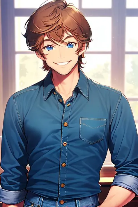 John Walkens(Older male, muscular upper body, lean legs, brown shaggy hair, blue eyes) wearing(button-up shirt, jeans) smiling at the camera, charming