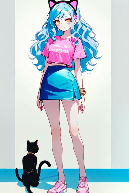 Rina Delsignore(young woman, golden eyes, blue wavy hair, medium bust, long legs, cat ear headband) wearing (pink t-shirt, blue mini-skirt)