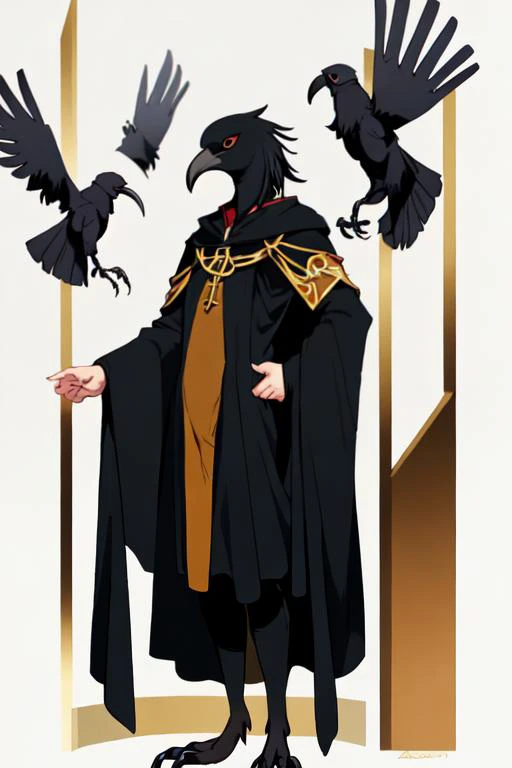 Jacob Ashton(male anthro raven, slick black feathers, golden beak, small athletic body) wearing(clerics robes)