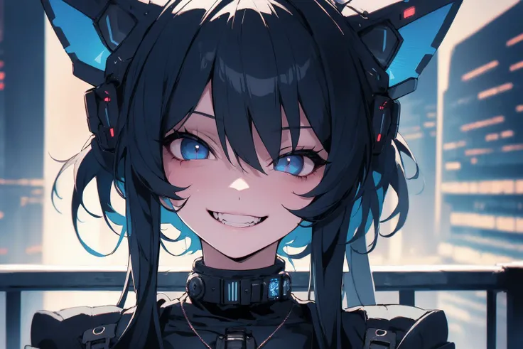 absurdres, very aesthetics, elaborate, high res, perfect anatomy, Hyper detailed, high-resolution in elaborateness, (1 girl:1.3), solo, cat ears, smile, (hyper detailed dark blue eyes:1.4), face focus, over sized cyberpunk jacket, cowboy shot