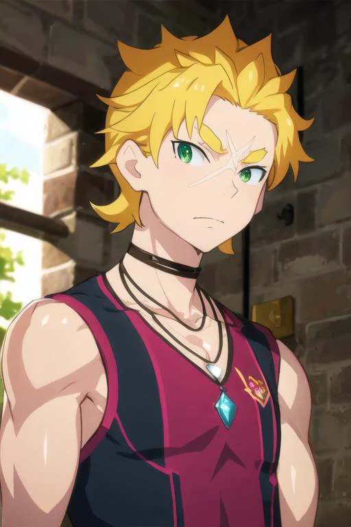 masterpiece, best quality, illustration, 1boy, solo, male focus, looking at viewer, upper body, , <lora:garfiel_tinsel:0.72>, garfiel_tinsel, blonde hair, green eyes, jewelry, necklace, gym uniform