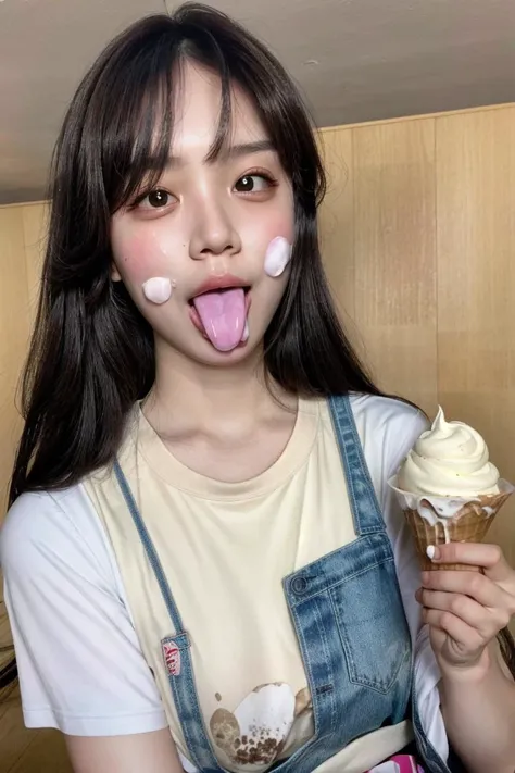 potrait, direct to camera, high detailed, sharpen, dynamic light, 4k, nsfw, realistic, photo-realistic, detailed skin, girl eating icecream, shirt, ahegao, rolling_eyes, food court, icecream on face  <lora:JPGirlEatIceCreamMix1:0.4>, <lora:ahegao,rolling_e...