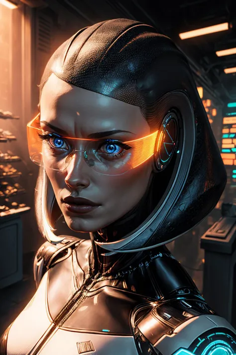 (best quality, masterpiece, perfect face) <lora:Edi-10:0.7> Edi, female, woman, holographic orange glasses, cyberpunk glass wall, cyborg shop, neon lights, <lyco:EnvyBeautyMix29:0.3> Unveil the extraordinary with our cyberpunk fembot, a harmonious blend of...