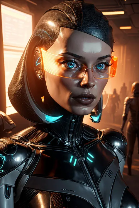 a close up of a woman in a futuristic suit with glowing eyes