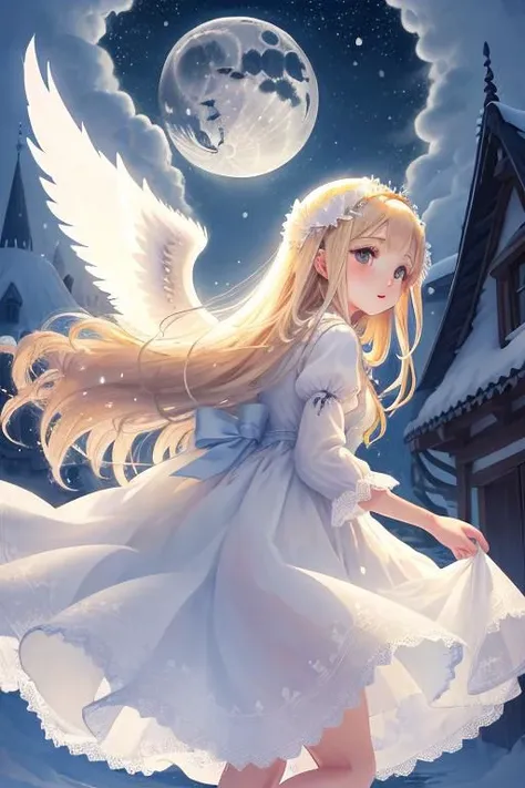 a girl in a white dress with long blonde hair and angel wings