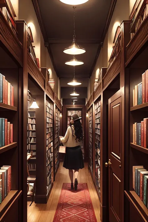 arafed view of a woman walking through a library with books