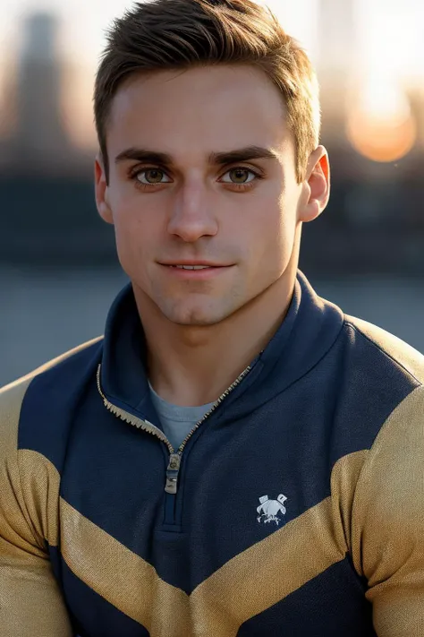 headshot, close-up, photo of sam_mikulak <lora:sam_mikulak-05:0.75> wearing a fitted pullover, blurred Michigan background, (light bokeh:0.5), natural light, golden hour, relaxed confident expression, 35mm