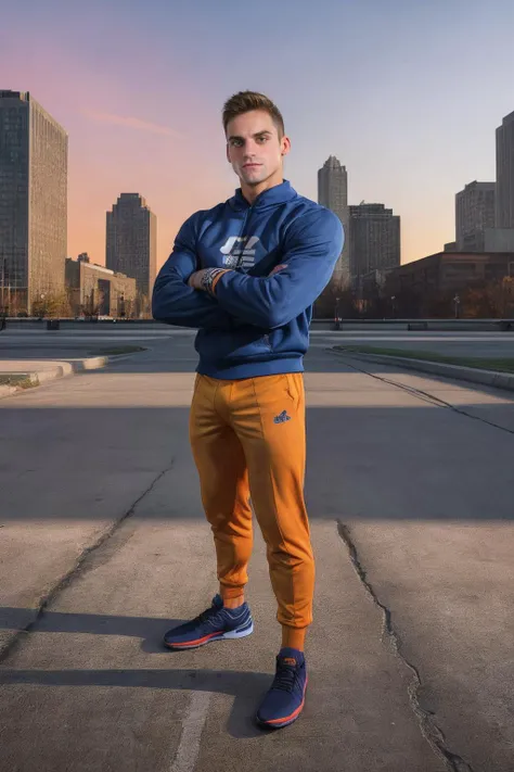 full body, photo of sam_mikulak <lora:sam_mikulak-05:0.75> wearing streetwear, hypebeast, Detroit Michigan background, urban landscape, vibrant urban backdrop, golden hour, natural light, flexing