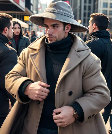 guy wearing thick winter coat, turtleneck covering mouth, wearing multiple layers of clothing, wearing many stacked hats,  <lora:sam_mikulak-v1:1>