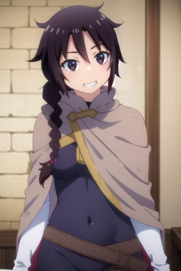 reviewerstunk, <lora:reviewer stunk female-lora-nochekaiser:1>,
stunk, long hair, black hair, (brown eyes:1.5), braid, single braid, smile, grin,
BREAK cape, bodysuit, covered navel, cloak,
BREAK indoors, bed,
BREAK looking at viewer, (cowboy shot:1.5),
BR...