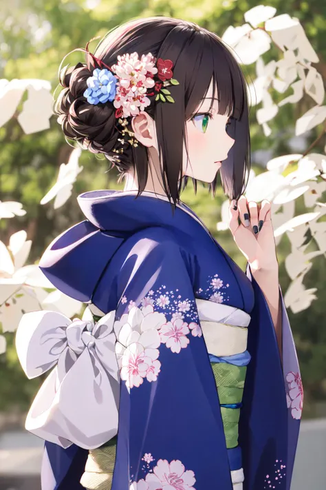 (masterpiece:1.2),best quality,PIXIV,
1girl,solo,japanese clothes,hair ornament,brown hair,flower,amami haruka,kimono,hair flower,short hair,green eyes,petals,upper body,profile,
<lora:happy new year_20240102112354-000018:1>,