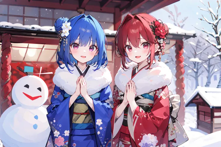 -japanese clothes, multiple girls, kimono, smile, 2girls, donation box, hair ornament, flower, hair flower, shrine, red flower, outdoors, red eyes, snow, open mouth, looking at viewer, sash, snowman, :d, wide sleeves, obi, rope, own hands together, bangs, ...