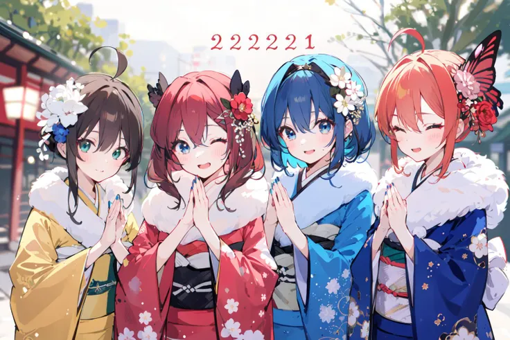 -nakano nino, nakano itsuki, nakano yotsuba, nakano miku, nakano ichika, kimono, multiple girls, bangs, japanese clothes, ribbon, pink hair, blue eyes, hair ornament, siblings, green ribbon, hair ribbon, sisters, short hair, 5girls, brown hair, smile, pray...