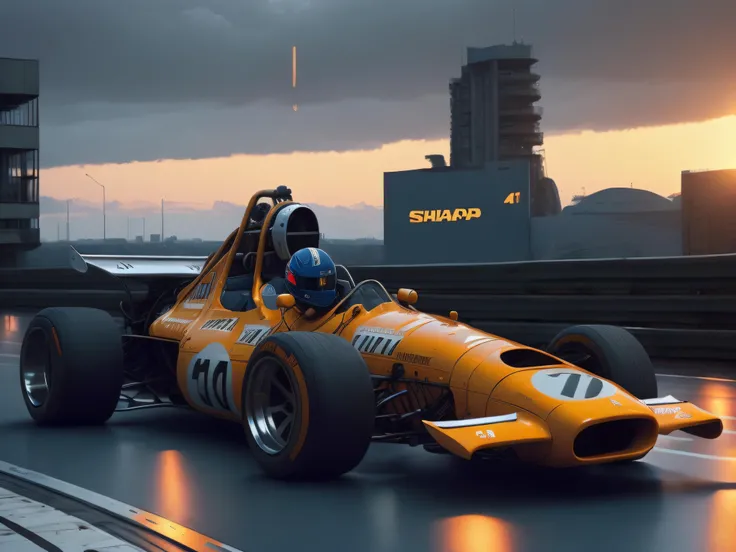 (1mca f1 car 70s:1.3) racing fast along a race track, (1rz88mkultr4 cyborg) showing their internal mechanical suit, cityscape in the behind, by Simon Stalenhag, masterpiece, best quality, anime, highly detailed background, perfect lighting, best quality, 4...