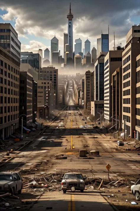 (masterpiece), 
a post-apocalyptic city of united states,
viewed from the street,