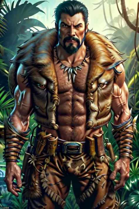 (masterpiece),
1boy, male focus, solo, facial hair, black hair, muscular, beard, abs, manly, necklace, mustache,
cowboy shot,
bad guy pose,
jim lee, 
(background of the jungle),
looking at viewer,
4k ultra detailed, intricated details, trending on ArtStati...