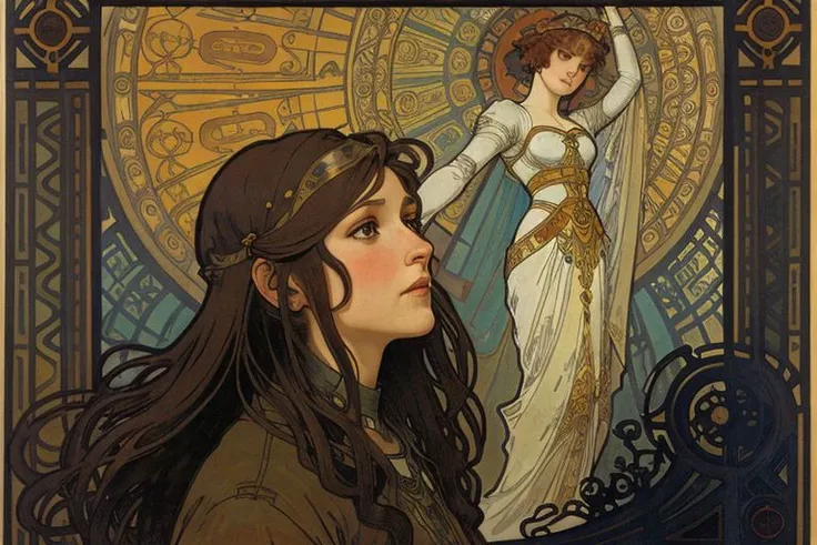 View of a woman looking at a rusty giant robot, Alphonse Mucha