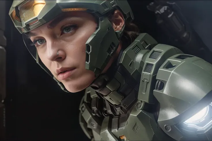 Masterpiece, Cine Still, (HALO Live Action Adaptation), female Spartan III super soldier, perfect face, detailed facial features, wearing Mjolnir Powered Assault Armor, large breasts, detailed skin, (cinematic lighting:1.1), sharp shadows, sci-fi, photogra...